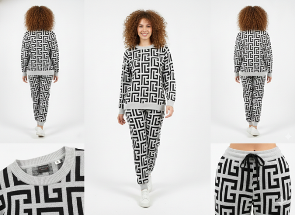 FM4U Women's Long Sleeve Round Neck woolen Co-Ord Set, Black printed jacket and Black solid mid-rise Pants (Black and Very Light Gray Geometric Pattern)