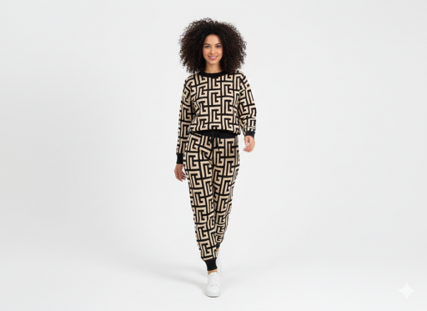 FM4U Women's Long Sleeve Round Neck woolen Co-Ord Set, Black printed jacket and Black solid mid-rise Pants (Beige and Black Geometric Pattern.)
