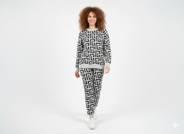 FM4U Women's Long Sleeve Round Neck woolen Co-Ord Set, Black printed jacket and Black solid mid-rise Pants (Black and Very Light Gray Geometric Pattern)