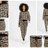 FM4U Women's Long Sleeve Round Neck woolen Co-Ord Set, Black printed jacket and Black solid mid-rise Pants (Beige and Black Geometric Pattern.)