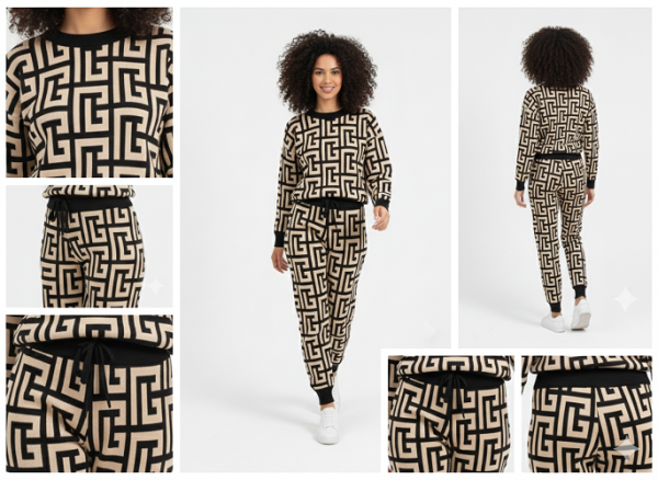 FM4U Women's Long Sleeve Round Neck woolen Co-Ord Set, Black printed jacket and Black solid mid-rise Pants (Beige and Black Geometric Pattern.)