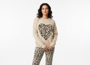 FM4U Women's Long Sleeve Round Neck woolen Co-Ord Set, Ivory printed jacket and Black solid mid-rise Pants