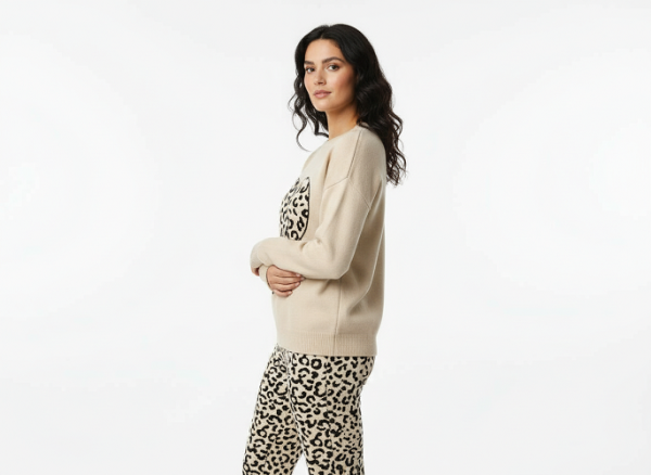 FM4U Women's Long Sleeve Round Neck woolen Co-Ord Set, Ivory printed jacket and Black solid mid-rise Pants