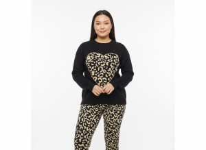 FM4U Women's Long Sleeve Round Neck woolen Co-Ord Set, Black printed jacket and Skin tones F7E2AB solid mid-rise Pants