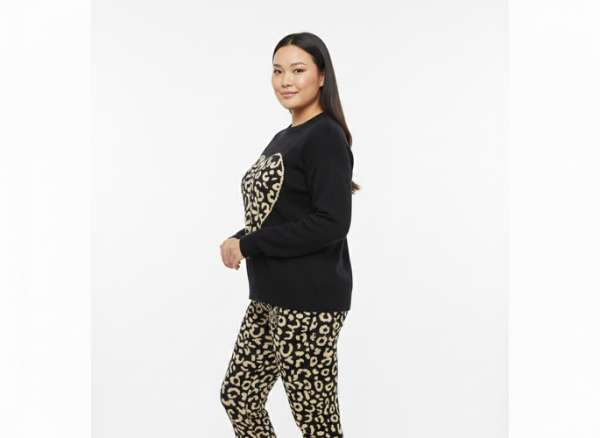 FM4U Women's Long Sleeve Round Neck woolen Co-Ord Set, Black printed jacket and Skin tones F7E2AB solid mid-rise Pants