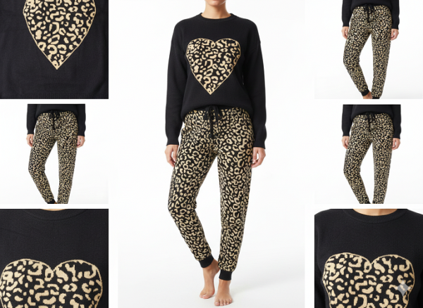 FM4U Women's Long Sleeve Round Neck woolen Co-Ord Set, Black printed jacket and Skin tones F7E2AB solid mid-rise Pants