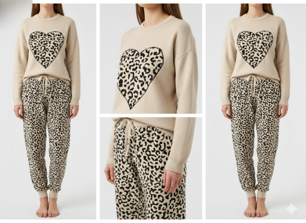 FM4U Women's Long Sleeve Round Neck woolen Co-Ord Set, Ivory printed jacket and Black solid mid-rise Pants