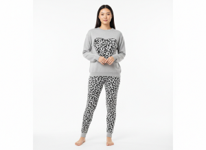 FM4U Women's Long Sleeve Round Neck woolen Co-Ord Set, Grey printed jacket and Black solid mid-rise Pants