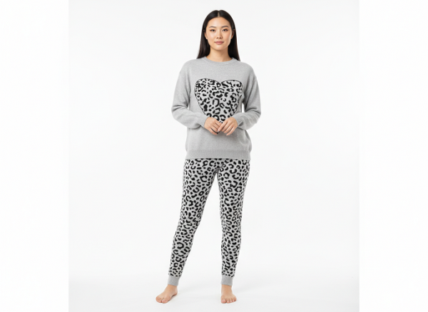 FM4U Women's Long Sleeve Round Neck woolen Co-Ord Set, Grey printed jacket and Black solid mid-rise Pants