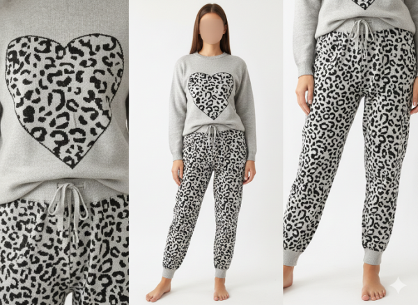 FM4U Women's Long Sleeve Round Neck woolen Co-Ord Set, Grey printed jacket and Black solid mid-rise Pants